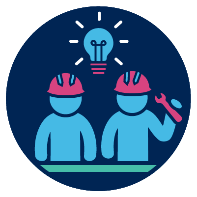 A light bulb icon and 2 people wearing hard hats.