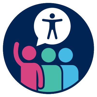 3 people. One of them has their hand in the air. Above them is an accessibility icon in a speech bubble.