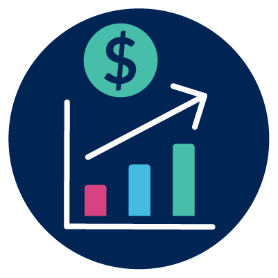 A dollar sign and a graph getting bigger.