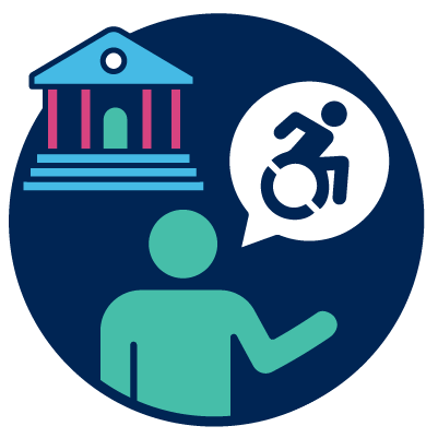 A government icon and a person. Above the person is a disability icon in a speech bubble.