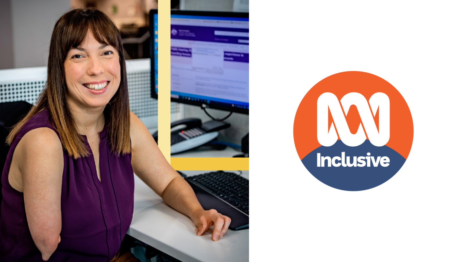 Image of a woman smiling at the camera on the left and the ABC Inclusive logo on the right