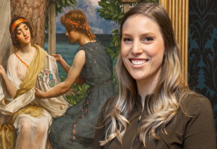 Laura Masters with Sir Edward John Poynter’s Helena and Hermina at the Art Gallery of South Australia. Credit: Saul Steed