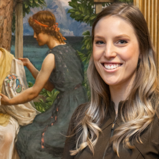 Laura Masters with Sir Edward John Poynter’s Helena and Hermina at the Art Gallery of South Australia. Credit: Saul Steed